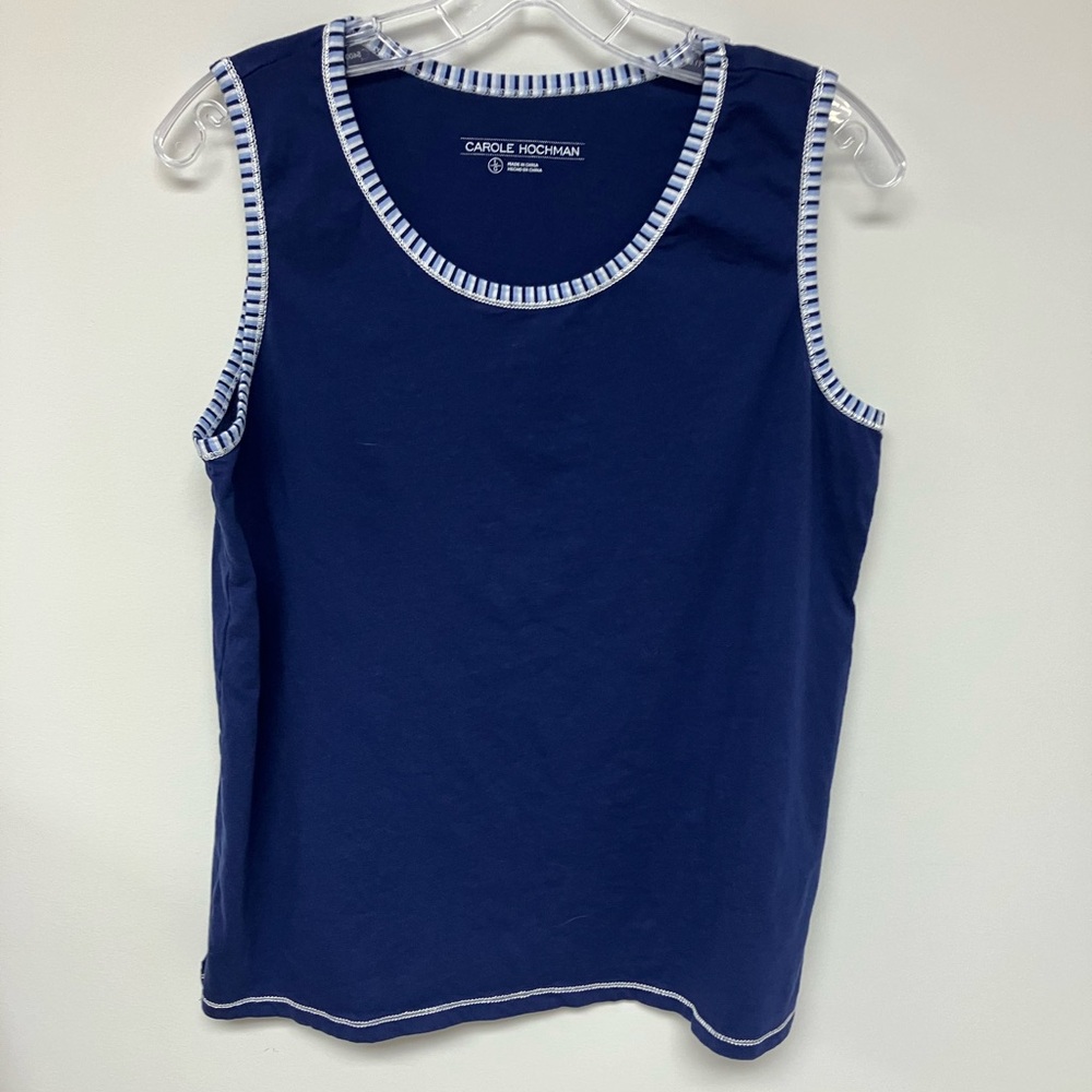 Carol Hickman top, navy with border, L